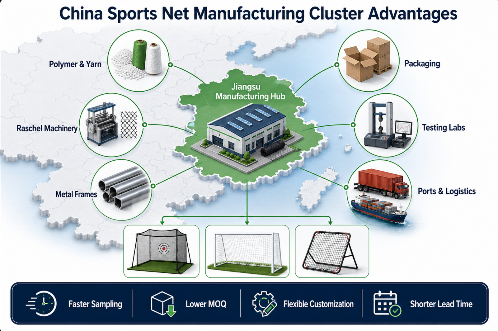 Industrial cluster map showing sports net manufacturing ecosystem in China