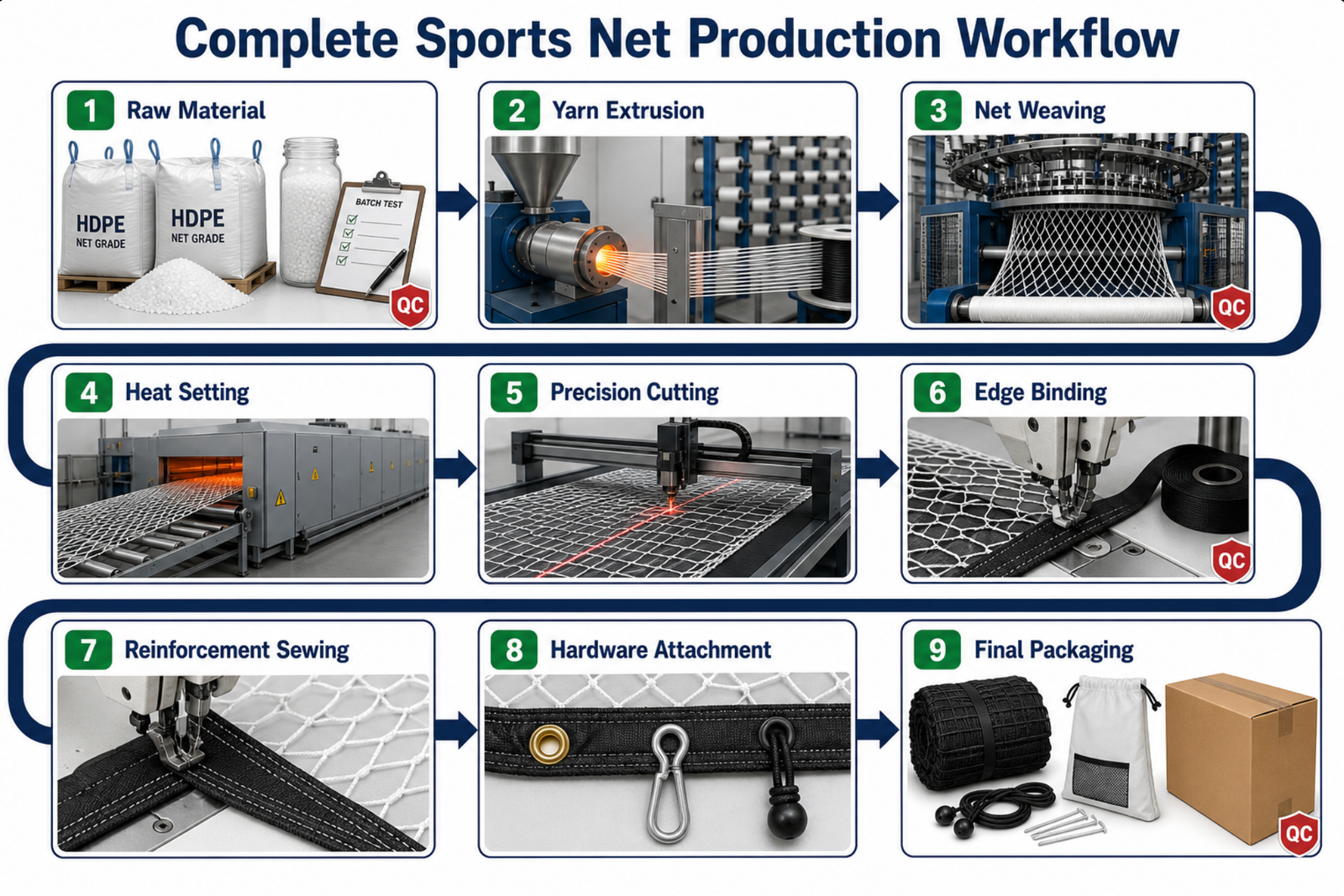 Step-by-step sports net manufacturing process with equipment photos