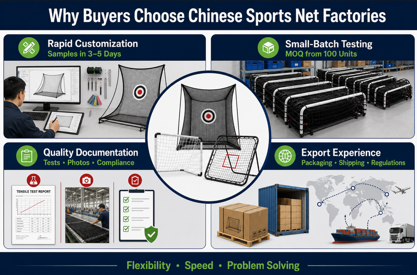 Comparison chart showing China vs other countries for sports net manufacturing advantages