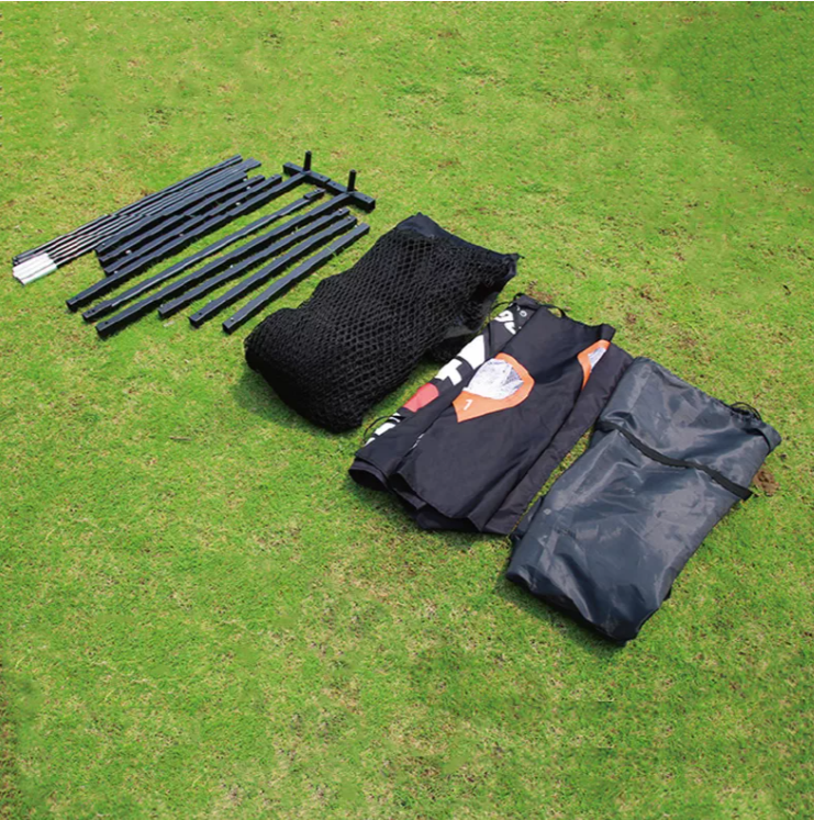 Unboxing scene showing complete branded golf training set with instruction booklet